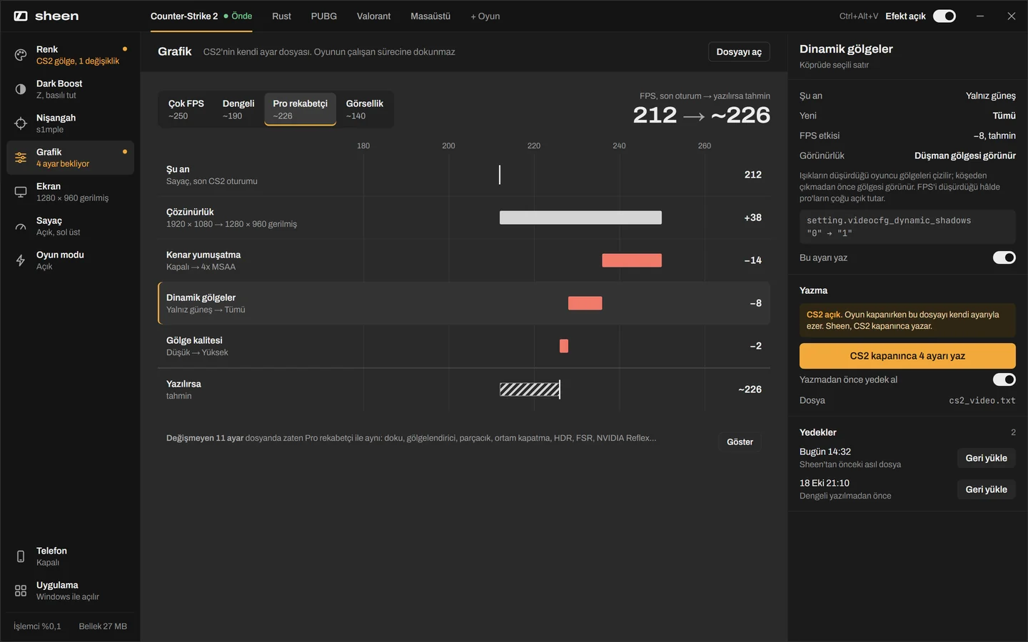 Graphics screen: FPS bridge chart from 212 to about 226 with each setting change