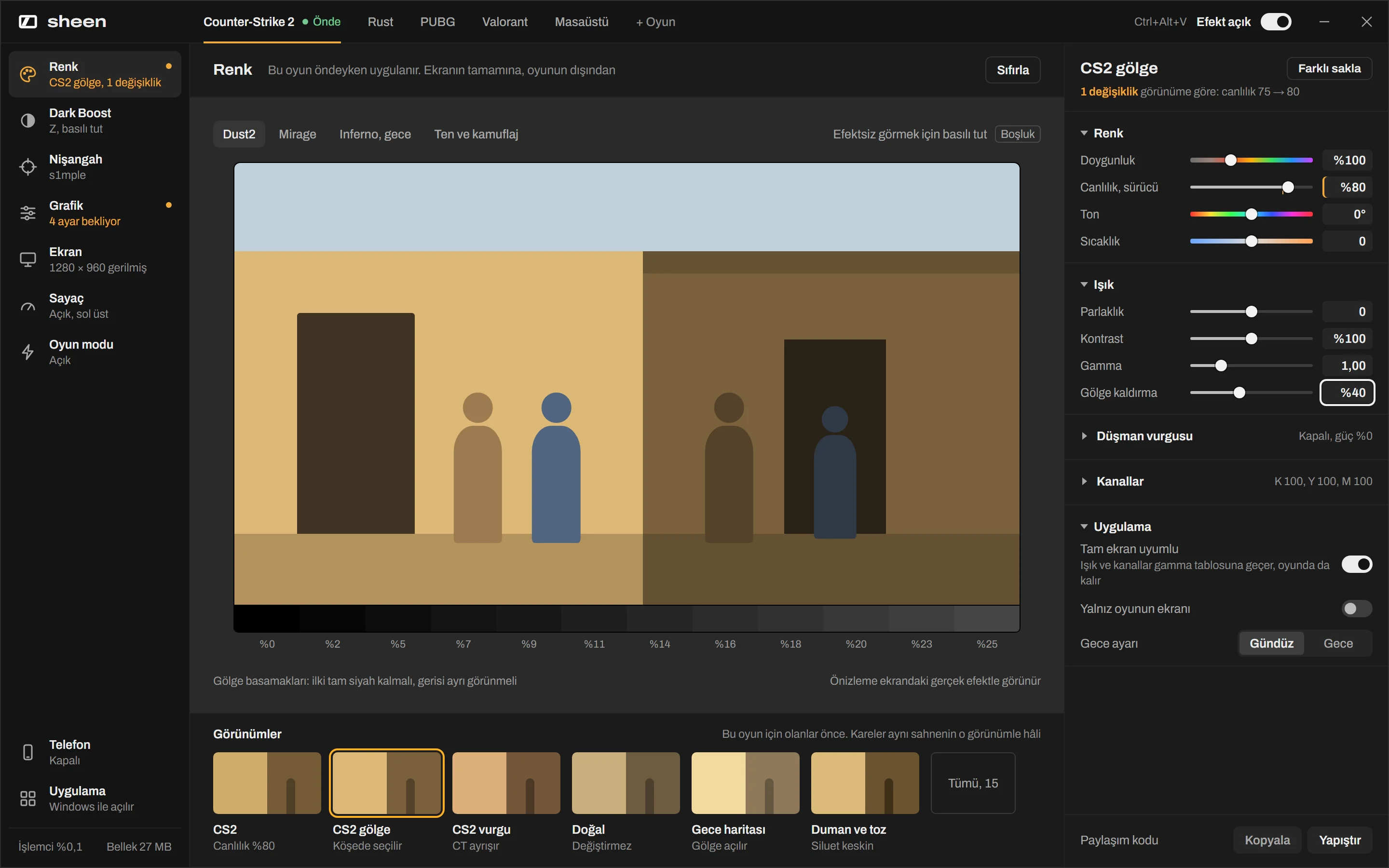 Sheen color screen: a Dust2 scene before and after shadow lift, with saturation, vibrance and shadow sliders